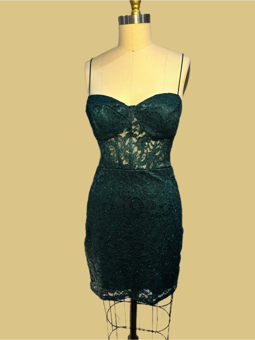 B Darlin Dark Green Lace Mini Dress with Sheer Bodice